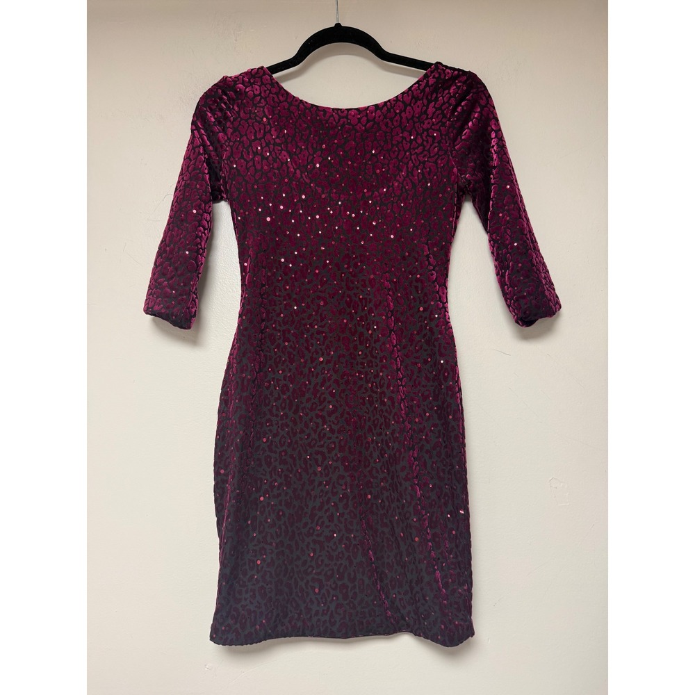 AS U WISH Velvet Leopard Sequin Mini Dress Burgundy Black 3/4 Sleeve burnout